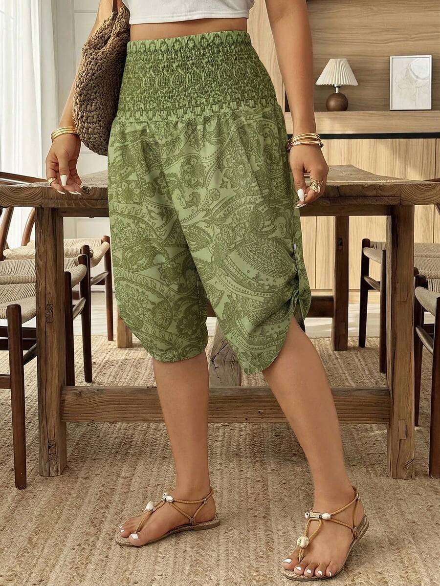 Weeklong Pantalones estampados con diseño de hebilla de cintura suelta para vacaciones, talla grande, primavera/verano - Verde - Ver 1
