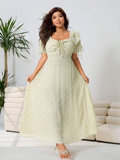 Solflare Spring/Summer New Casual Everyday Commute Party Suitable For Wedding Music Festival Back To School Graduation Vacation Streetwear Exploration City Stroll Multi-Occasion Wear, Can Be Worn Outerwear Or Underlayer, Yellow-Green Floral Chiffon Fabric, Sweetheart Neckline, Ruffle Drawstring Short Sleeve, Cinched Waist Flared Hem Maxi Dress, Plus Size