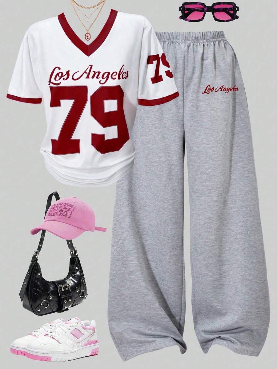 SHEIN 2件套少女休闲数字印花V领短袖上衣和阔腿裤套装 - 酒紅色 - 查看 1