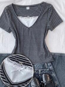 Teen Girls Short Sleeve Grey Striped 2 In 1 Lace T-Shirt - Multicolor - View 4