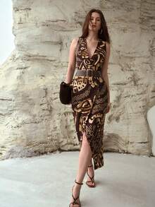 MOTF PREMIUM WOMEN'S V-NECK SLEEVELESS SLIT HEM LINEN PRINTED SLIM DRESS, SPRING/SUMMER - Coffee Brown - View 9