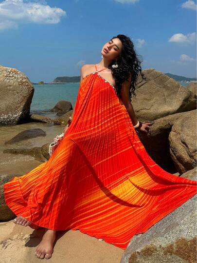 Sunnyshic Plus Size Women Striped Pleated Halter Vacation Dress