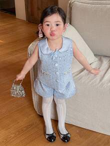 Dazy Kids 女童彼得潘领精致蓝色背心短裤两件套，高端夏季套装 - 藍色 - 查看 3