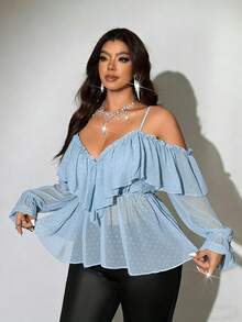 Viva Relle Blusa sexy de manga larga con tirantes finos, hombros descubiertos y volantes, para talla grande en verano - Celeste - Ver 2