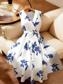 Franclia Đầm maxi dài màu xanh hoa văn, kiểu Pháp, giản dị, tối giản, cổ chữ V, không tay, có thắt lưng, ôm dáng, dành cho nữ, thích hợp mặc mùa hè. - trắng - Xem 7