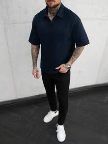 Manfinity CasualCool Camisa polo de hombre con diseño de patchwork, de moda y versátil para uso diario - Azul Marino - Ver 3