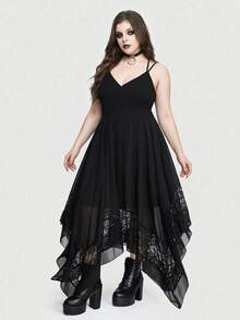 ROMWE Đầm maxi Gothic gợi cảm, cổ chữ V sâu, tay loe, vạt bất đối xứng, eo ren tương phản. - màu đen - Xem 2