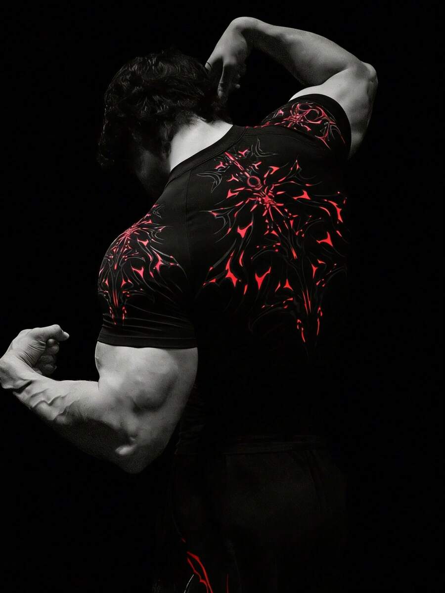 RISE LYT Áo thun thể thao nam tối giản cổ tròn tay ngắn in họa tiết, áo thun nén thể thao, áo tập gym, áo tập luyện nam, áo nén thể thao nam. - màu đen - Xem 1
