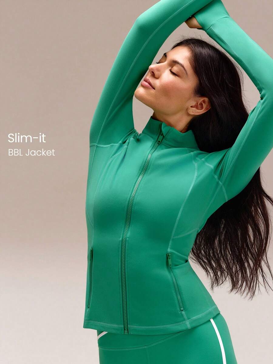 GLOWMODE Áo khoác dài tay FeatherFit™ Slim-It Streamline Performance với túi an toàn, khóa kéo, thích hợp cho yoga hàng ngày, ngày Valentine. - màu xanh lá - Xem 1