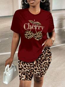 Slaydiva Set de 2 piezas de camiseta y pantalones cortos con estampado de leopardo y cereza, adecuado para el verano, talla grande - Negro - Ver 5