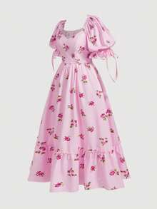 SHEIN MOD Plus Size Summer Pink Floral Polka Dot Romantic Dress, Countryside Resort Dress, Suitable For Sisters Gathering - Pink - View 6