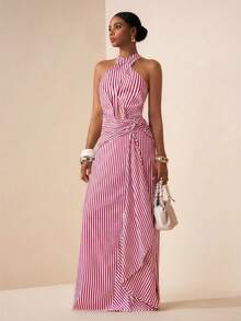 Zivah 2026春夏新款音乐节、复活节、圣帕特里克节、情人节、约会、西部风、游牧风、生日派对、毕业典礼、学院风、学生装、日常穿着、百搭基础款、休闲装、度假、邮轮旅行、海滩、日光浴、爆款、街头风、婚礼宾客、通勤族、早午餐、机场、派对、假日郊游、办公装、露背吊带、腰带、露背、条纹面料、蓝色条纹长裙 - 紅色 - 查看 4