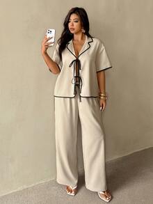 Auralis Conjunto de 2 piezas para mujer talla grande: Camisa de manga corta con nudo delantero y pantalones - Albaricoque - Ver 5