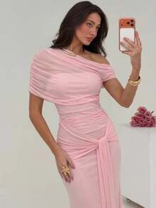 Aloruh 女士新款优雅网纱连衣裙/粉色连衣裙，适合婚礼季/度假/派对/夏季穿着，浪漫仙女风连衣裙，毕业礼服，露肩连衣裙 - 粉色 - 查看 8