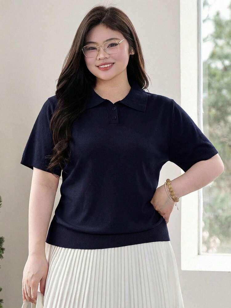 Dazy Plus Solid Color Polo Collar Fitted Short Sleeve Knit Top, Spring/Summer/Autumn