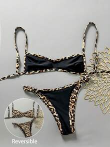 Swim Vcay Women's Micro Bikini Bandeau Swimwear Set,Black Reversible Leopard Print Tie-Dye,Summer Casual Beach Outfit,Resort Holiday Vacation Fashionable - Multicolor - View 3