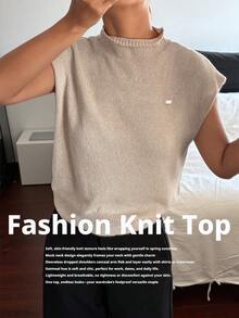 DAZY 女士立领修身无袖针织毛衣 - 卡其色 - 查看 9