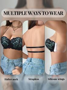 1pc Lace Backless Wireless Bra, Padded Push Up Bra For Small Bust, Invisible Strapless Spaghetti Strap Bra - Multicolor - View 8