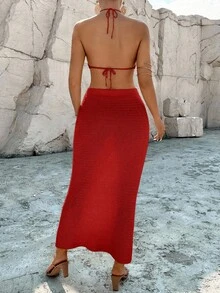 Breezaya 女士不对称下摆露脐吊带针织上衣和针织混纺迷你裙休闲度假两件套 - 紅色 - 查看 2