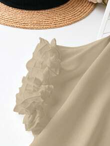 SHEIN LUNE Plus Size Solid Color Round Neck Short Sleeve Ruffle Hem Blouse, Summer - Khaki - View 4