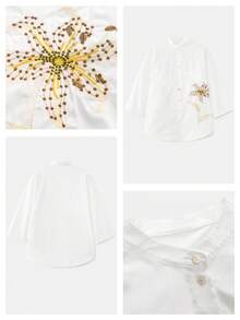 Maija Camisa holgada con botones al frente, cuello alto y mangas raglán con estampado floral para mujer - Blanco - Ver 8