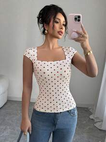 Selianne Polka Dot Square Collar Waist Cinched Elegant Romantic Refined Women T-Shirt - Red and White - View 3