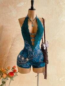 Soleia Women's Vacation Cashew Floral Print Contrast Lace Plunging Neck Romper - Dark Green - View 4