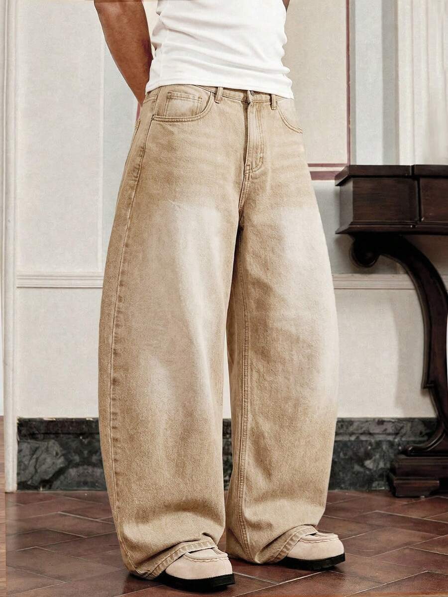 SWAVVY Men's Loose Casual Flared Pocket Jeans - Khaki - View 1