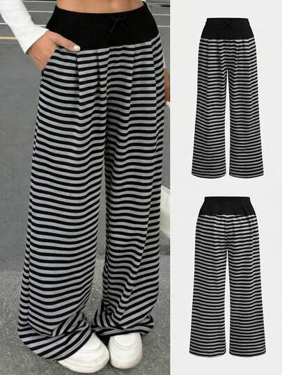 Girlism 少女宽松条纹阔腿裤，少女蝴蝶撞色长裤