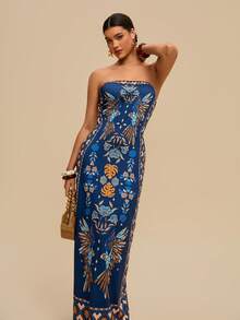 Travachic Women's Blue Strapless Knit Abstract Floral Print Symmetrical Pattern Boho Maxi Dress,Plus Size Summer Vacation Holiday Beachwear Outfits - Blue - View 8