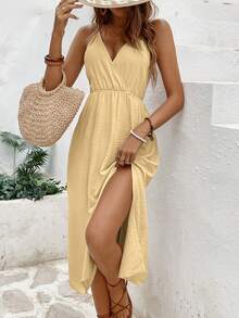 SHEIN Frenchy Vestido camisero midi elegante de mujer con diseño de cintura ceñida, escote en V y abertura lateral, para fiesta - Amarillo claro - Ver 3