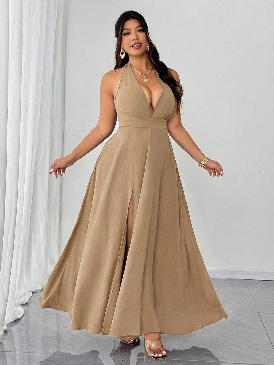 SHEIN Elenzya Đầm yếm gợi cảm màu trơn cổ chữ V sâu dành cho nữ cỡ lớn - Màu Khaki - Xem 1
