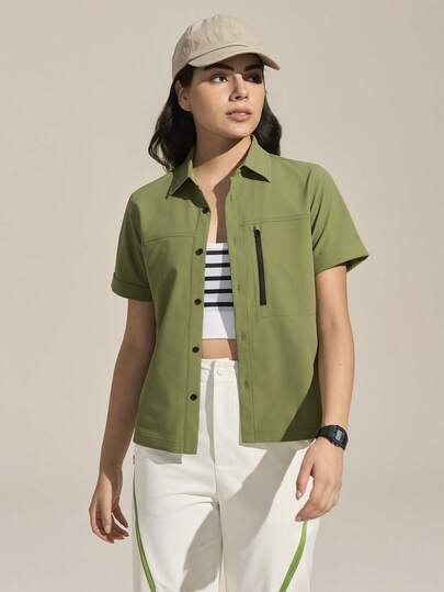 Exploreva Women's Casual Solid Color Short Sleeve Outdoor Shirt, Suitable For Sports, Daily Commute, Summer