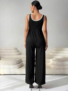 SHEIN MaterniWear Pregnant Women's Summer Casual Commuting Contrast Binding Wide Leg Jumpsuit Without Belt - Black and White - View 6
