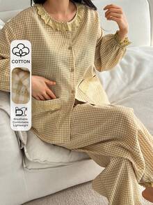 DAZY 春季甜美格子荷叶边灯笼袖女士睡衣套装 - 黃色 - 查看 4