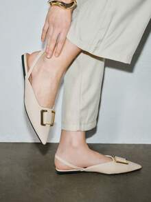 FRIFUL Metal Decor Point Toe Slingback Flats, Back Strap Camel Color Elegant Pure Metal Solid Color Women's Flat Shoes Spring Shoes - Beige - View 2