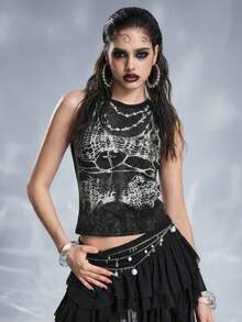 ROMWE Grunge Punk Top corto ajustado de estilo punk con cadena y red de pesca rasgada para mujeres - Negro - Ver 1