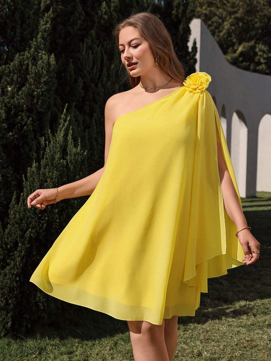 Juhart 女士优雅休闲黄色雪纺半透明不对称领口可拆卸花朵装饰宽松加大码迷你连衣裙，春夏款 - 黃色 - 查看 1