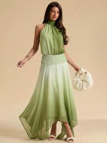 SHEIN BAE Đầm nghỉ mát gợi cảm dành cho nữ, hở lưng, cổ yếm, vạt bất đối xứng, phối màu ombre. - màu xanh lá - Xem 1