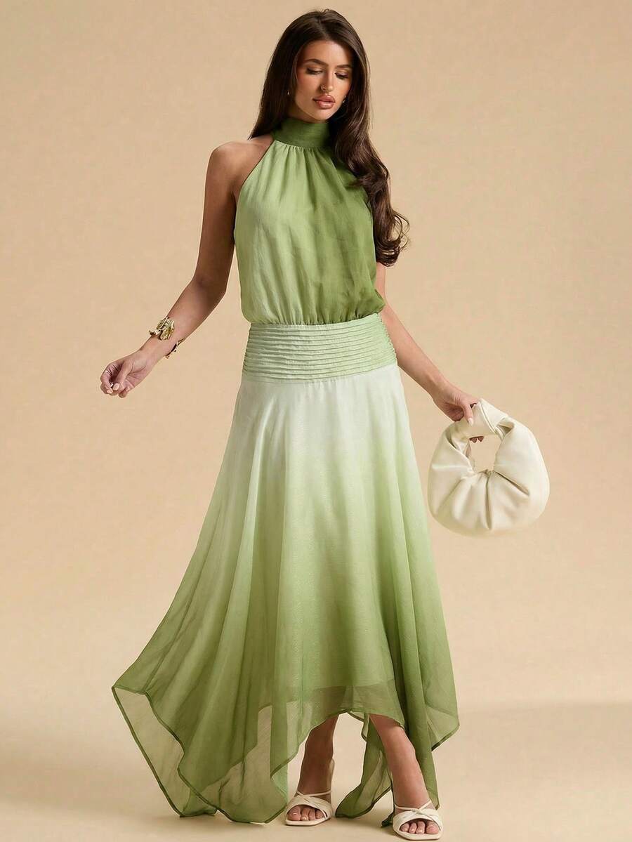 SHEIN BAE Đầm nghỉ mát gợi cảm dành cho nữ, hở lưng, cổ yếm, vạt bất đối xứng, phối màu ombre. - màu xanh lá - Xem 1