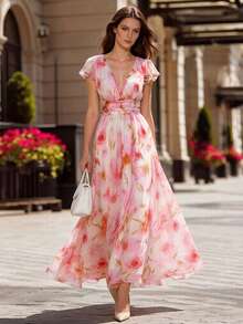 女士印花V领浪漫优雅长裙 - 淺粉色 - 查看 3