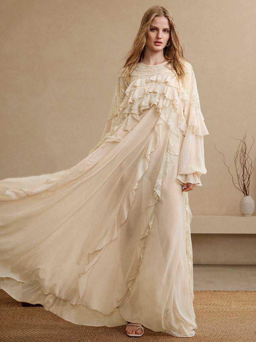 Women's Chiffon & Lace Patchwork Dress, Round Neck Raglan Sleeve Loose Sheer Ruffle Hem Design, Casual Daily Dress - Apricot - View 1