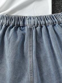 SHEIN Girls'Denim Pleated Skirt Shorts,Light Blue,Summer,Casual,School,Back-To-School,High-Waisted Snug Fit Vintage Acid Wash Cotton-Rich Sweet Chic Style - Light Wash - View 3