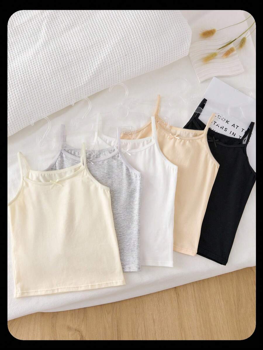 Genkimix Kids 5 件套女孩少女多色新月花蕾丝蝴蝶结吊带背心，甜美运动风格，适合内外穿着 - 彩色 - 查看 1