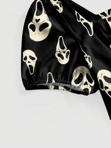 ROMWE Goth Vestido de manga abullonada con estampado total de talla grande - Negro - Ver 3