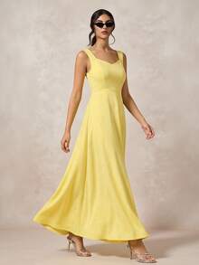 Briarwyn 女士优雅纯色无袖连衣裙，适合通勤 - 杏色 - 查看 3