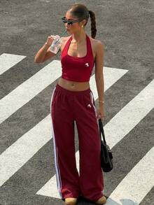 Muchica Women's Red Casual Sleeveless Crop Top And Loose Pants 2 Pieces Set,Summer/Spring Clothes Women,Going Out Outfits,Gym Outfit,Sporty Outfits - Burgundy - View 5