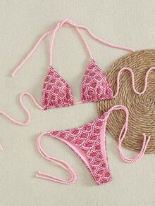 Swim Vcay 2件套新款随机印花三角挂脖流苏性感优雅度假比基尼泳衣套装，适合海滩、泳池派对 - 彩色 - 查看 4