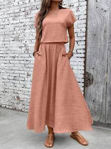EMERY ROSE Women's Solid Color Boat Neck Batwing Sleeve Shirt And Mini Skirt 2 Pieces Set - Orange - View 3