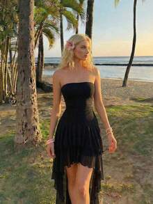 SHEIN MOD 女士纯色荷叶边无肩带时尚连衣裙 - 黑色 - 查看 1